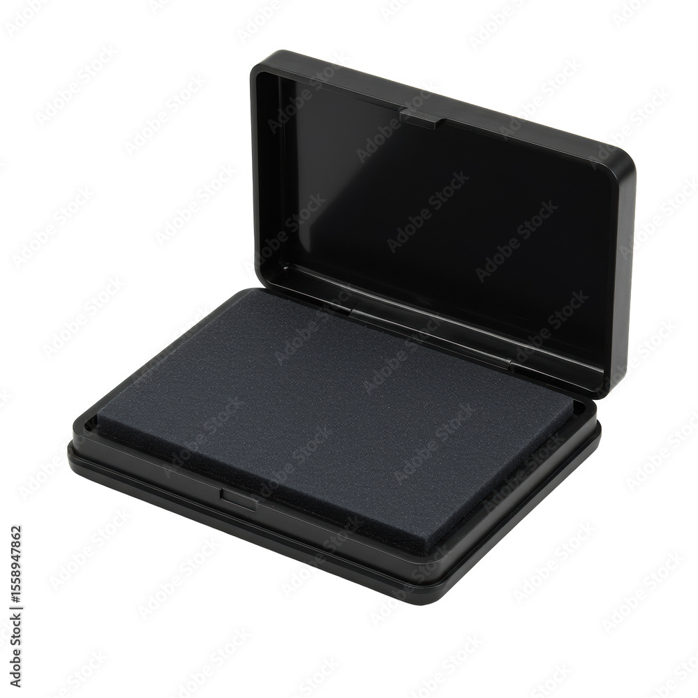 Poster a sleek, dark archival ink pad, rectangular with an open lid, showing a saturated felt pad with subt