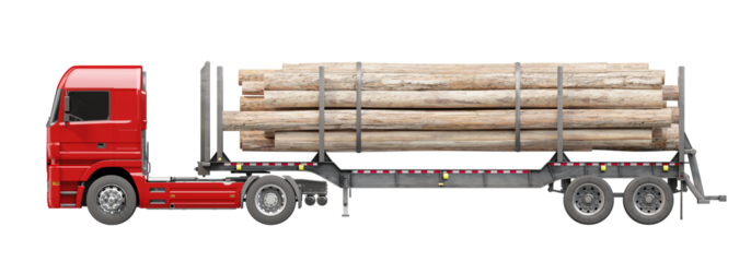 Tractor trailer hauling cargo of logs isolated on transparent background. Side view. 3D illustration.