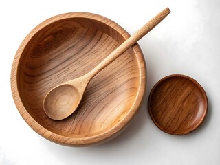 Wooden bowl and spoon with a small wooden dish isolated on white background