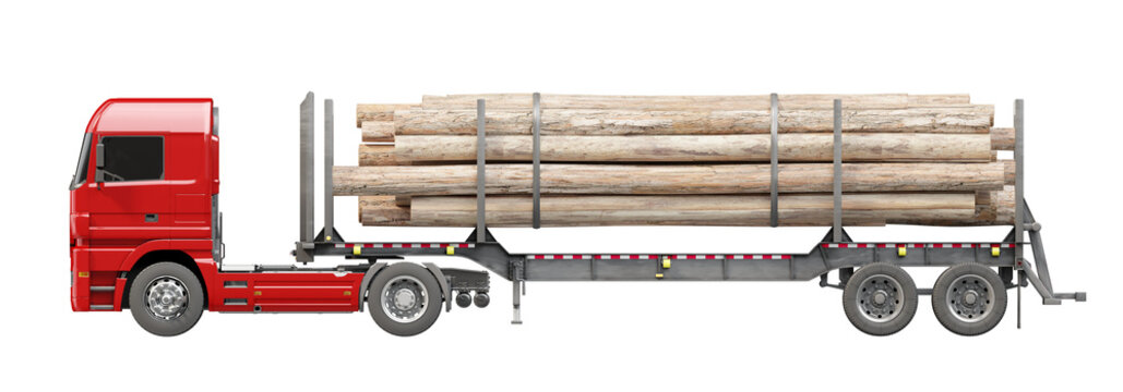 Tractor trailer hauling cargo of logs isolated on transparent background. Side view. 3D illustration.