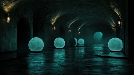 A dark cavern lit by glowing orbs of teal light