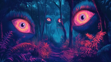 Mystical Forest Guardian: A surreal image reveals the watchful eyes of a forest guardian hidden within a dense, mystical woodland. The eyes, glowing with an otherworldly intensity.