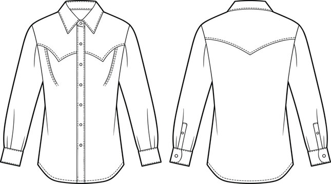 Women's Classic Western Denim Shirt Flat Sketch: Stylish Long-Sleeve Button-Up Blouse with Yoke Detail, Fashion Apparel CAD Drawing.