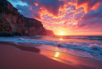 Vibrant Neon Sunset Over Coastal Cliffs and Wet Sand Reflection
