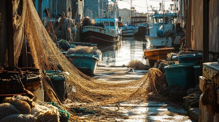 Coastal Calm: A rustic fishing harbor, where boats gently bob, nets hang draped, and the tranquility of the sea pervades. This coastal capture epitomizes the harmony of industry and environment.