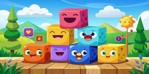 Cute Cartoon Colorful Cube Characters on Wooden Tabletop