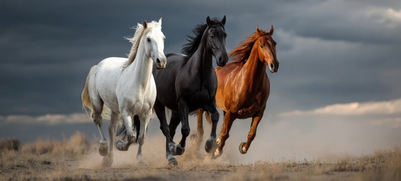 The three horses galloping across the open landscape under a dramatic sky