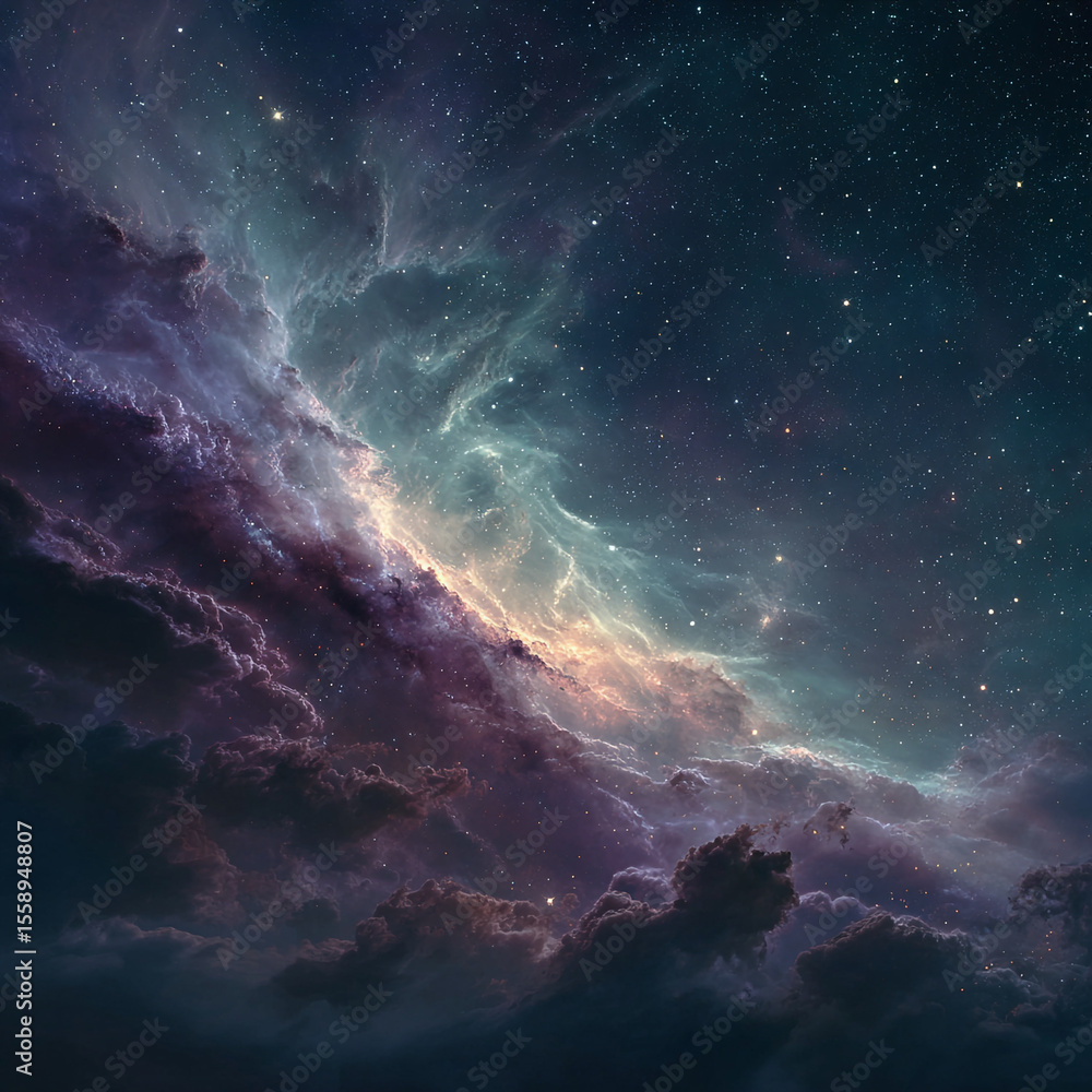 Poster a celestial view of a nebula with stars and colorful cosmic clouds