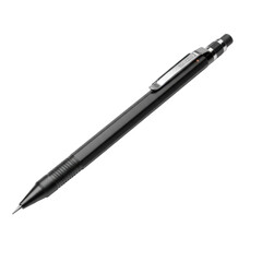 A pristine matte black mechanical drafting pencil with a red ring and knurled grip lies horizontally on a transparent studio background, perfectly isolated with no shadows, showcasing its design as a