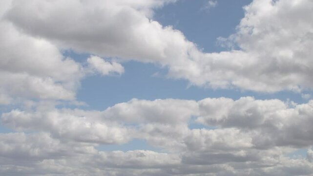 Dramatic sky almost completely covered with cumulus clouds. Slowly moving huge clouds. Atmosphere before a storm or rain.