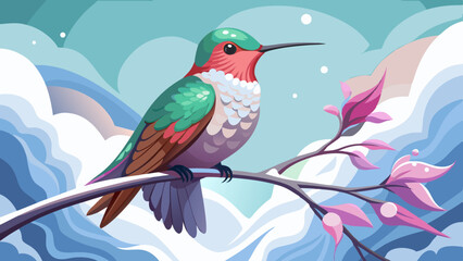 A Colorful Hummingbird Perched on a Branch in a Dreamy Winter Landscape