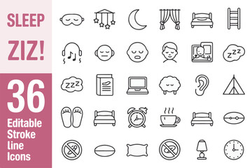 Collection of 36 editable stroke line icons related to sleep and relaxation isolated on white background