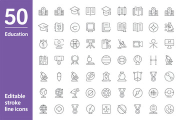 Collection of 50 education and learning related line icons isolated on white background