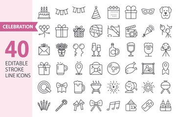 Collection of 40 editable stroke line icons representing various celebration elements isolated on white background