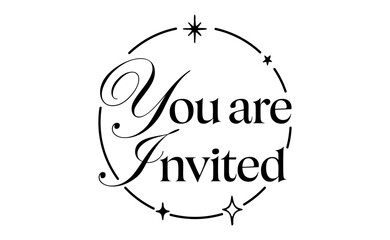 You are invited lettering calligraphic design. Invitation card with stars and sparks