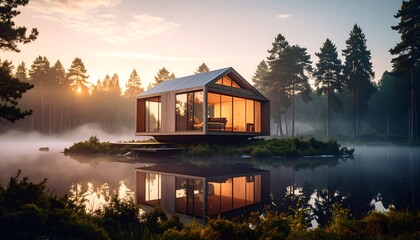 Obraz premium Modern cabin on a serene lake at dawn
