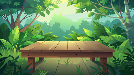 Wooden Table in a Lush Tropical Forest Scene