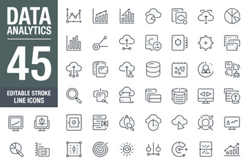 Collection of 45 editable stroke line icons for data analytics and business concepts isolated on white background