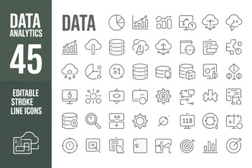 Obraz premium Collection of 45 editable stroke line icons for data analytics isolated on white background