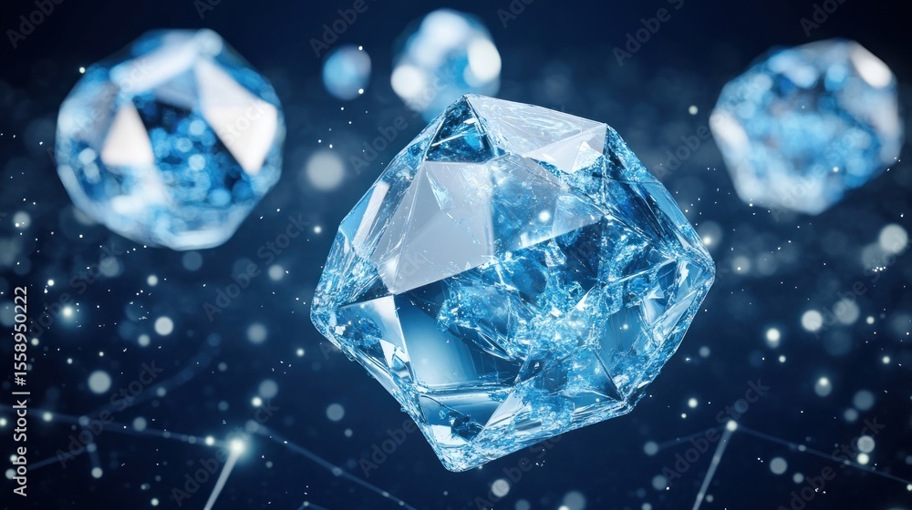 Poster floating blue ice crystals: abstract geometric forms on dark background with bokeh