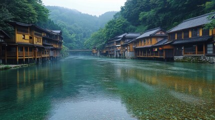 Picturesque Riverside Town: A serene view of a traditional town nestled along a tranquil river, with wooden structures reflecting in the clear water, evoking a sense of peace and history.