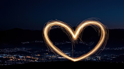 A glowing heart is drawn with light against a dark backdrop
