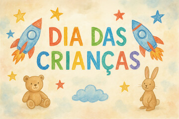 Ilustração infantil de "Dia das Crianças" com foguetes, estrelas, ursinho, coelho e nuvem em estilo aquarela, criando um ambiente lúdico e colorido.