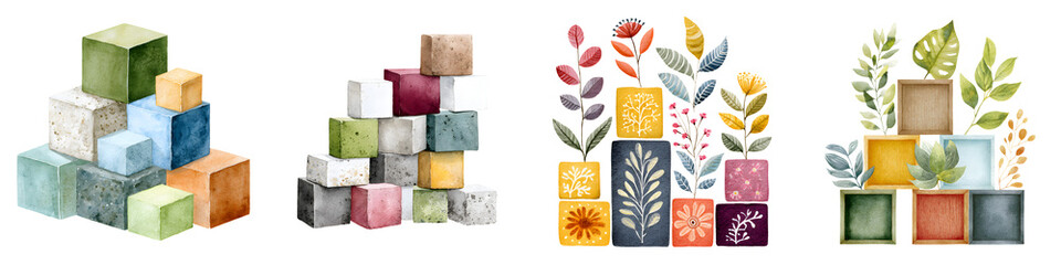 Watercolor Wooden Toy Blocks Collection Isolated on White Background