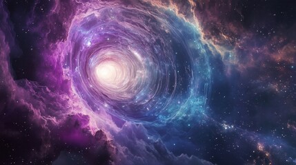 Celestial Nexus: A breathtaking illustration depicts a vibrant, swirling galaxy or nebula with celestial objects creating a mesmerizing cosmos, an open portal to the vastness of space.