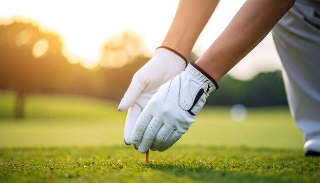 Hands in gloves placing golf tee - Powered by Adobe