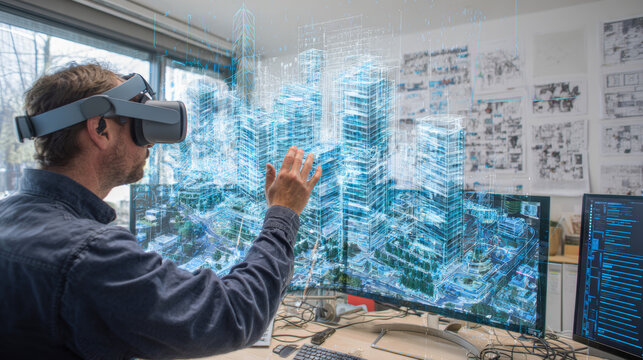 An architect using a VR headset manipulates a 3D urban model, demonstrating futuristic building design in Industry 4.0