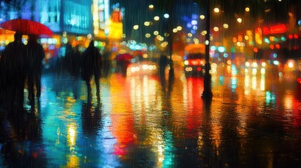 City Night Rain: Cityscape in rain, the street glows with vibrant neon reflection 