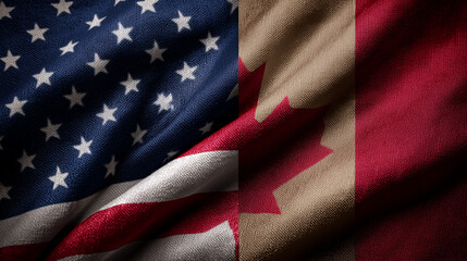 Fototapeta premium Celebrating unity american flag and canada flag together in a textile art environment close-up concept