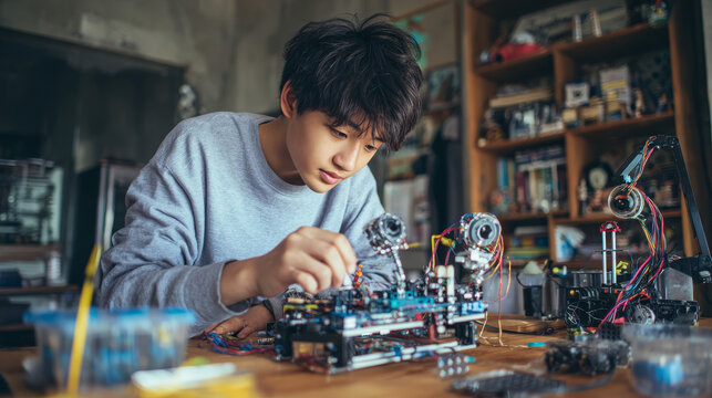 An Asian teen works on a robotic Arduino project at home, learning engineering and coding through hands-on experience