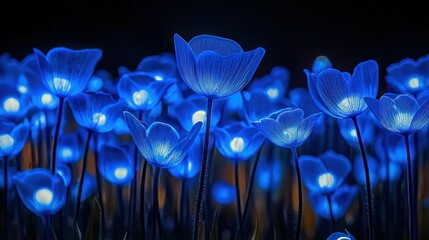 Glowing blue flowers illuminate a dark scene with bright and soft light