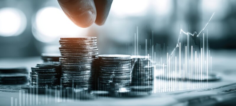The hand placing coins on stacks representing financial growth and investment strategies.