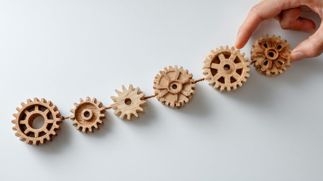 Automating workflow processes, a hand places wooden gears to illustrate systematic flowchart-based business operations on a white background