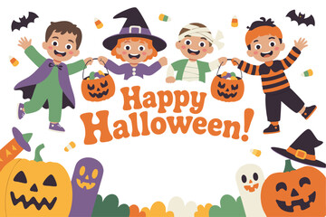 Happy Halloween Illustration with Kids in Costume, Candy Corn, Pumpkins, and Ghosts on a White Background