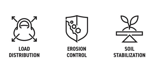 Geogrid icons set. Erosion control, Soil stabilization, Load distribution. in bold line