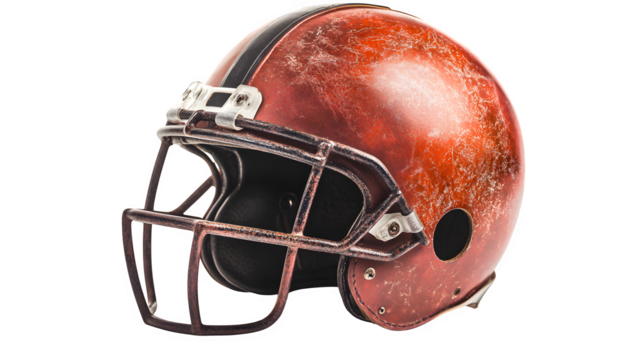 A detailed depiction of one worn leather American football helmet with a face mask, isolated on Transparent background. - Powered by Adobe