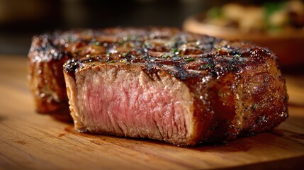 Juicy medium-rare ribeye steak, perfectly grilled. A celebration of rich flavors and culinary mastery.
