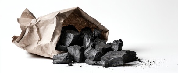 The brown paper bag overflowing with natural charcoal pieces on a white background.
