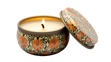 A detailed depiction of one small aromatherapy candle in a decorative tin (unlit), isolated on Transparent background.