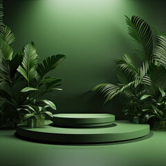 Obraz premium 3d green color podium with tropical plants