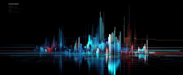 The colorful digital visualization of sound waves in a futuristic landscape.