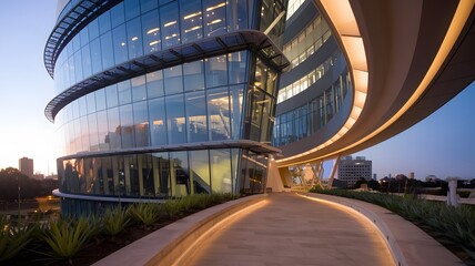 Fototapeta premium Futuristic Curved Glass Building Exterior
