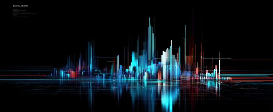 The colorful digital visualization of sound waves in a futuristic landscape.