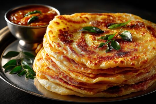 Layered Parottas Served With Spicy Curry On Steel Plate, Glowing With Ghee