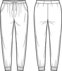 Women's Fashion Flat Sketch: Trendy Jogger Pants Design for Comfortable Casual Wear, Perfect for Lounging and Active Lifestyles, Featuring Elastic Waistband and Cuffs.