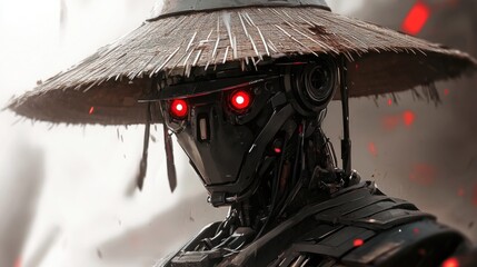 Cybernetic Ronin: A technologically advanced samurai robot dons a traditional straw hat, standing vigilantly amidst a desolate landscape.